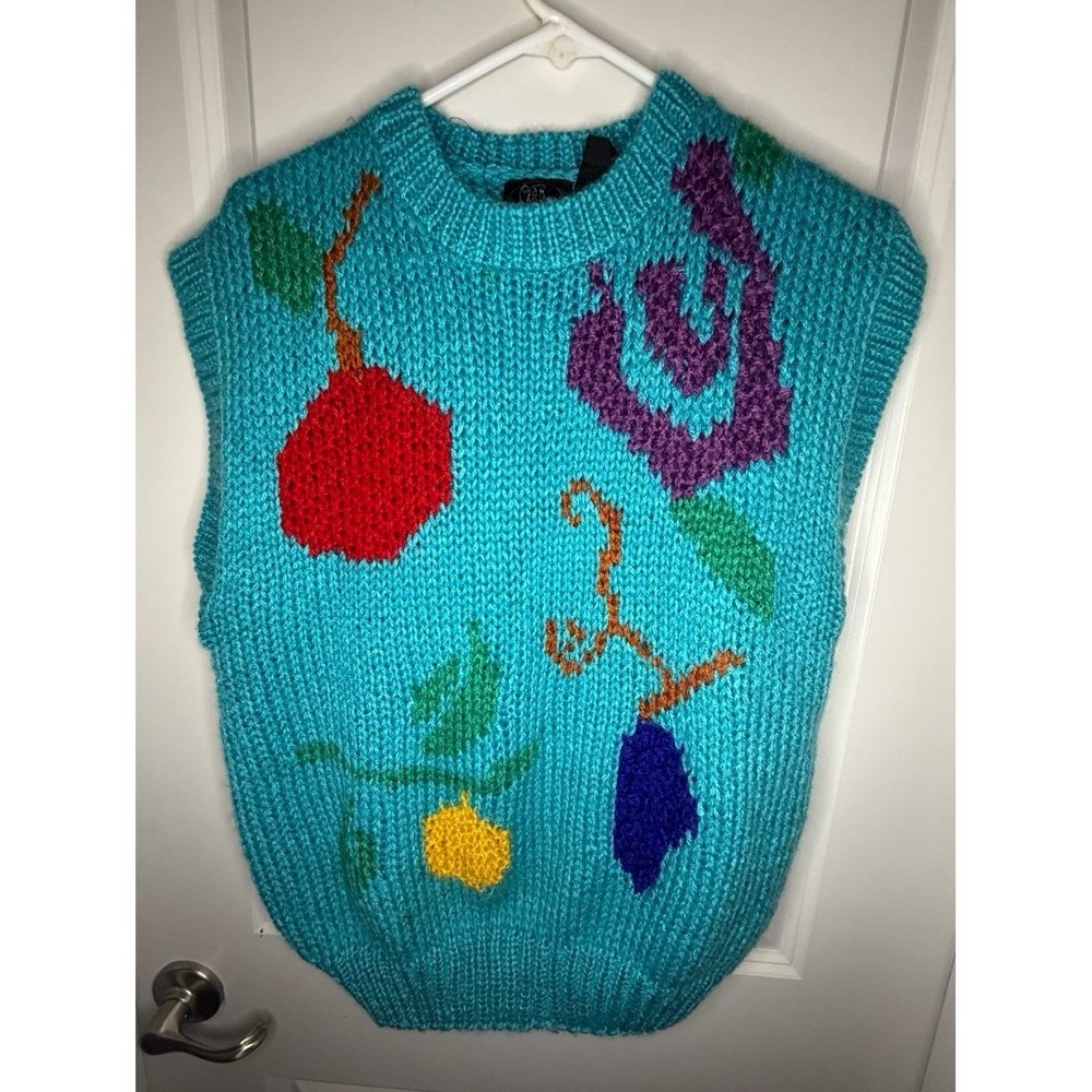 Vintage 90's Knitted Fruits Graphic Sleeveless Blue Sweater Sz Women's‎ XXL